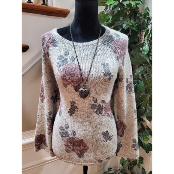 Lucky Brand Women Gray Floral Cotton Round Neck Long Sleeve Pullover Sweater M - Picture 12 of 12